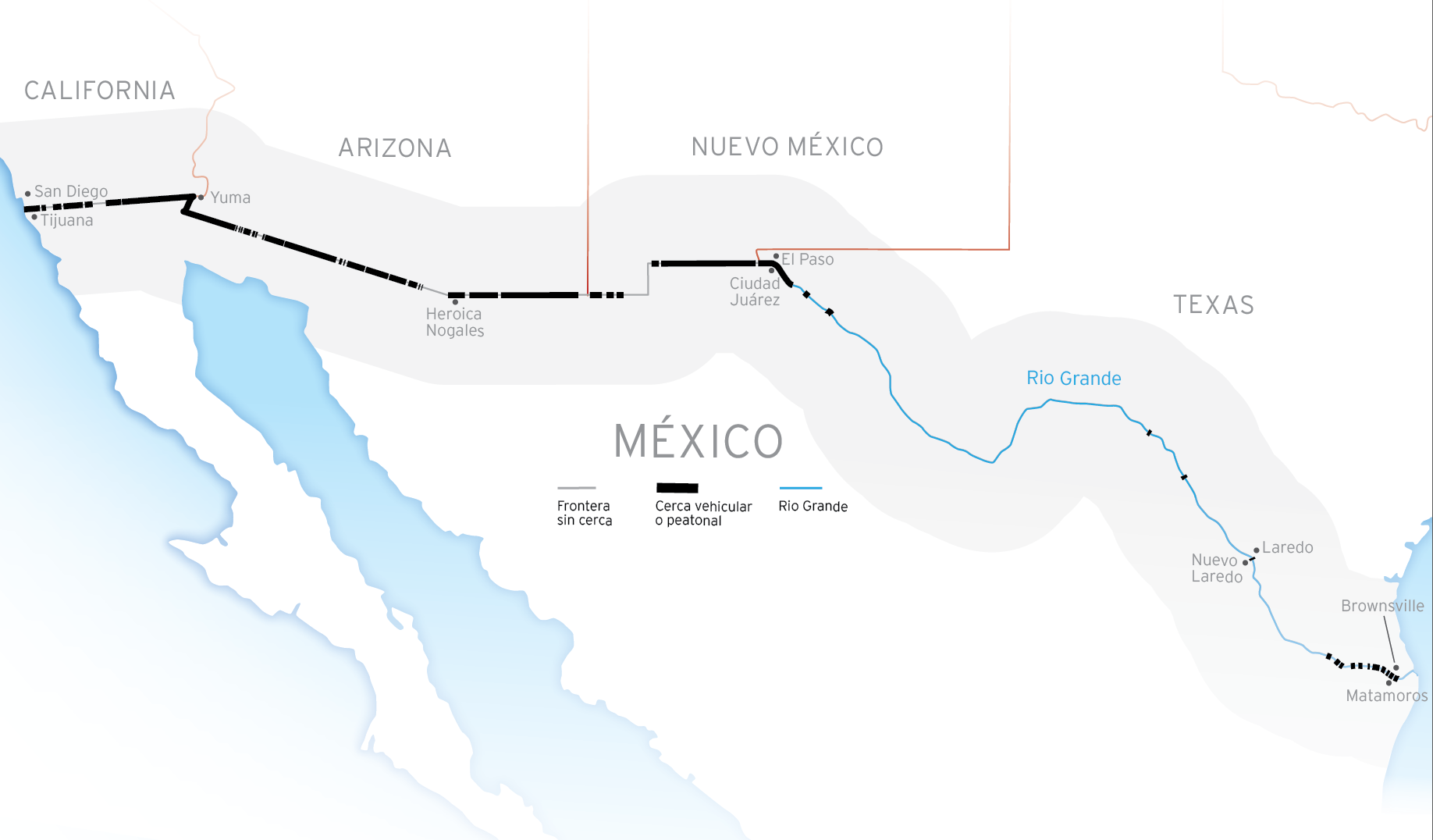 Map showing the composition of the border: Border with no fence, vehicle or pedestrian fence, and the Rio Grande.