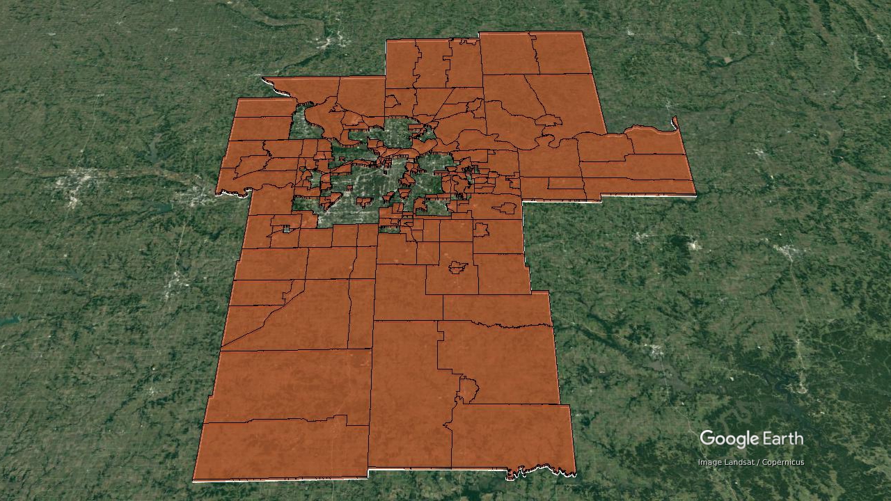 Kansas City: Many suburban tracts have average trip distances exceeding 8 miles.